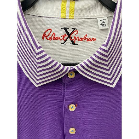 Robert Graham Mens Golf Purple Polo White Striped Collar Sleeves Tailored Fit 2X - Picture 3 of 7